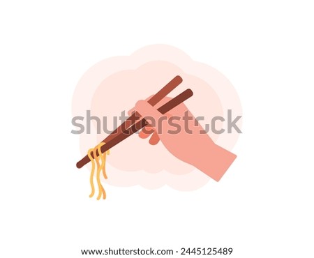 illustration of a hand using chopsticks to pick up noodles. eat noodles with chopsticks. tools for eating. food. flat or cartoon style illustration design. graphic elements. vector
