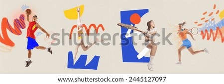 Banner. Contemporary art collage. Basketball, tennis, swimming. Young athletic man and woman training against doodles. Concept of sport, hobby, fit people. trendy magazine style. Championship 2024.