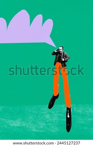 Poster. Contemporary art collage. Young man, entrepreneur, employer with long legs talking on phone with speech bubble overhead. Concept of business, startup, entrepreneurship, leadership. Ad