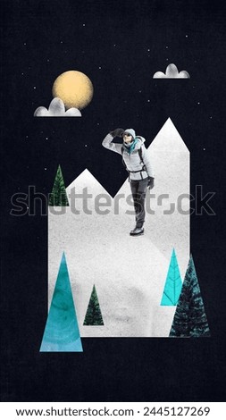 Young woman in mountaineering equipment standing on mountain and looking away. Nigh time abstract background. Contemporary artwork. Concept of tourism, active lifestyle, travelling, vacation, hobby Royalty-Free Stock Photo #2445127269