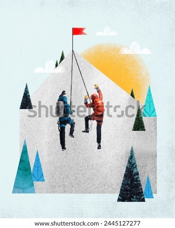 People going mountaineering with specialized equipment and clothes, climbing upwards the mountain and reaching top of the peak. Contemporary art collage. Concept of active tourism, travelling, hobby