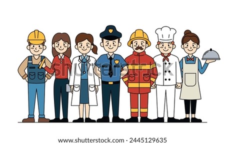 A group of people in various work uniforms, including a police officer, a firefighter, a chef, and a doctor.