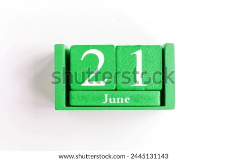 June 21. green cube calendar with month date isolated on white background.