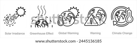 A set of 5 climate change icons as solar irradiance, greenhouse effect, global warming Royalty-Free Stock Photo #2445136185