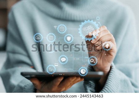 Digital transformation technology strategy, Person using laptop, tablet and smartphone with of things. transformation of ideas and the adoption.