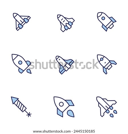 Rocket icon set. Duo tone icon collection. Editable stroke, spacecraft, space shuttle, rocket, fireworks, spaceship.