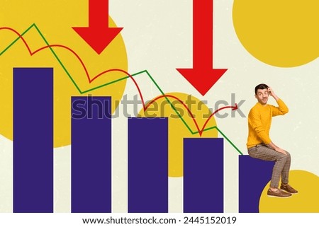 Sketch image trend artwork composite 3D photo collage of young upset guy sit on low pratform stats graphics down huge arrow bad result