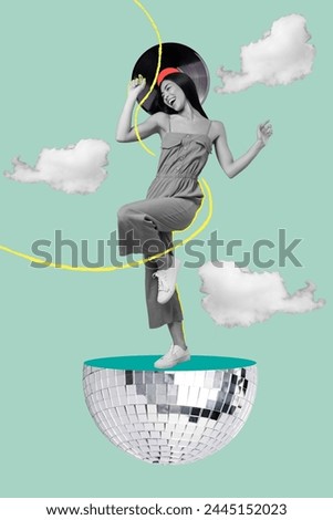 Composite trend artwork sketch image 3D photo collage of silhouette young attractive lady dance on half huge disco ball retro music play