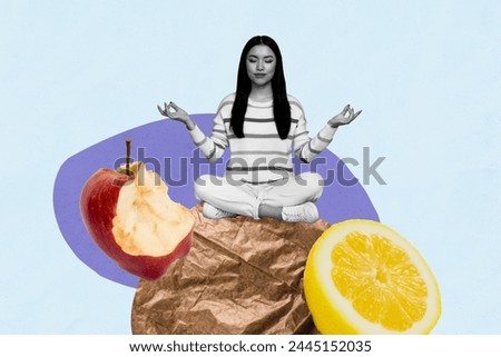 Composite collage picture of mini black white colors girl sit crumpled paper meditate bitten apple lemon isolated on creative background