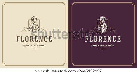 Restaurant label design vector illustration chef woman holding dish plate silhouette, good for restaurant menu and cafe badge. Vintage typography emblem with decoration and symbols.