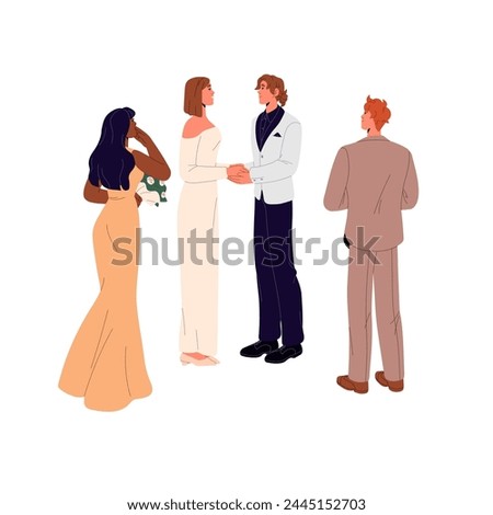 Romantic couple says its wedding vows on marriage ceremony. Bride and groom hold hands. Newlywed family with their friends celebrate marry. Flat isolated vector illustration on white background Royalty-Free Stock Photo #2445152703