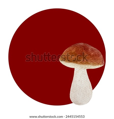 Watercolor porcini mushroom composition isolated on white. Hand drawn art with wild edible forest plants in simple flat style for woodland kids designs, label, logo, packages and stickers.