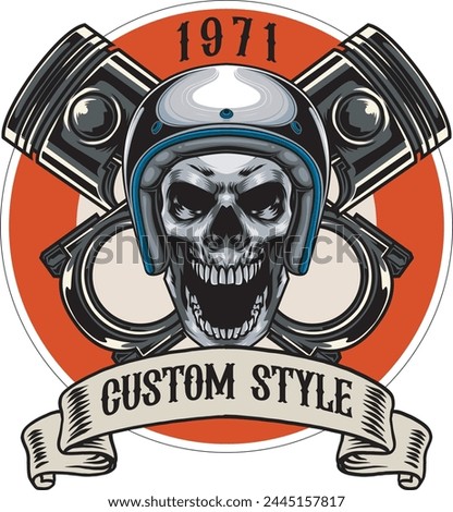 Vector Illustration of Skull Wearing Helmet and Two Pistons with Vintage Illustration Available for Logo Badge