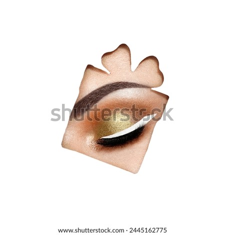 The Eyes of the Young Beautiful Woman with Bright Golden Shadows and Expressive Eyebrows, Looks in the Gift Box Pattern, isolated on a white Background. Christmas Patterns