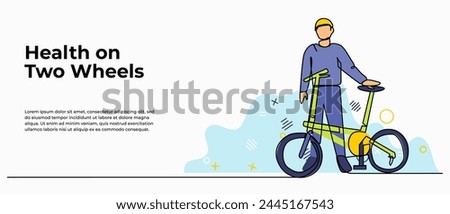 Vector illustration of young man standing holding a bicycle. Modern flat in continuous line style.