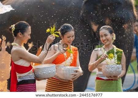 Songkran festival. Northern Thai people in Traditional clothes dressing splashing water together in Songkran day cultural festival with elephant background. Royalty-Free Stock Photo #2445176977