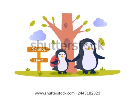 Go to school concept with character scene in flat cartoon design. Mother penguin takes her child to school. Vector illustration.