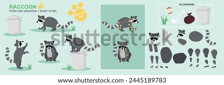 Cute, Cheeky Raccoon, rig ready to animate, animal character with accessories, poses and positions ready to use or create your own. Raccoon charter, trash panda. Multiple angels, sitting, walking. Royalty-Free Stock Photo #2445189783