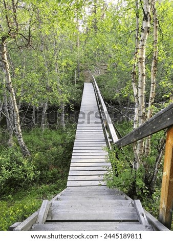 Lemmenjoki, Finland, June 20 2023. We admired the river while hiking in Lemmenjoki National Park. On the trip, we learned about the history of gold mining. Bridge.