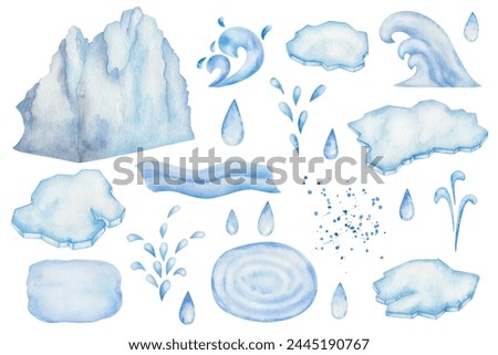 Watercolor set of illustrations. Hand painted water in different forms. Frozen ice floe, iceberg, glacier. Blue drops, spray, waves, splash, fountain. Sea, ocean. Isolated water clip art elements