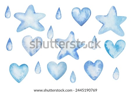 Watercolor set of illustrations. Hand painted hearts, stars and drops in blue color. Color of water, sea, sky. Love elements. Rain drops. Tears. Isolated clip art design elements