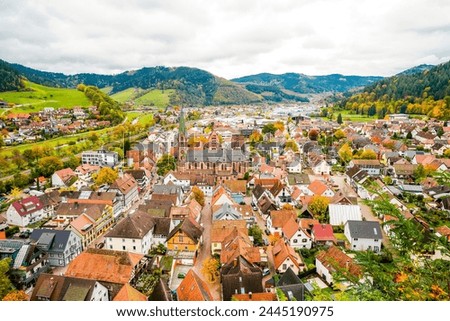 View of the town of Hausach from Husen Castle near Hausach. Landscape with a village in the Black Forest in the Kinzig valley.	 Royalty-Free Stock Photo #2445190975