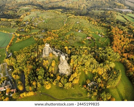 Trosky castle in Bohemian Paradise from above aerial view from drone during fall
