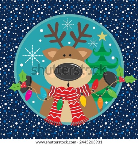 Christmas card design with cute reindeer and lights