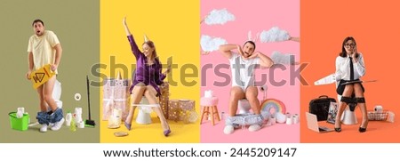 Collection of funny young people sitting on toilet bowls against color background