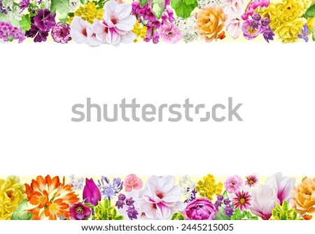 Colorful frame decorated with flowers of different types and colors. In the middle of the frame there is a white space for your own text. It is a very romantic card, full of beautiful flowers.