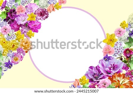 Colorful frame decorated with flowers of different types and colors. In the middle of the frame there is a white space for your own text. It is a very romantic card, full of beautiful flowers.
