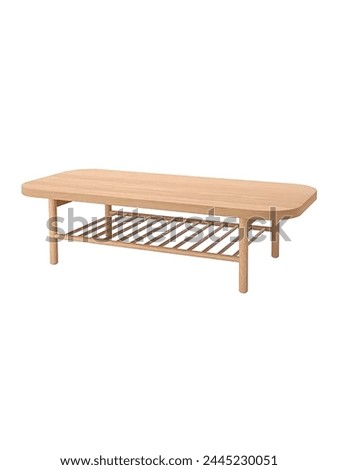 Furniture. Coffee table, rectangular top with rounded corners, has one lower rack and four straight legs made of oakwood in oak veneer color.