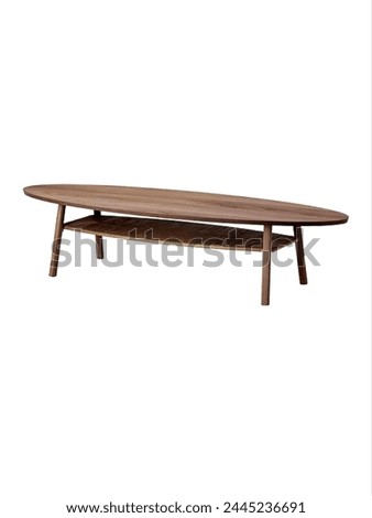 Furniture. Coffee table, oval top with one lower rack and four legs made of oakwood in walnut veneer color. Royalty-Free Stock Photo #2445236691
