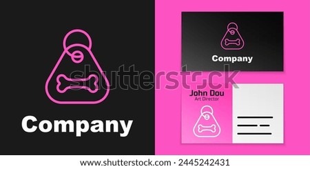 Pink line Dog collar with name tag and bone plaque icon isolated on black background. Supplies for domestic animal. Cat and dog care. Pet dog chains. Logo design template element. Vector