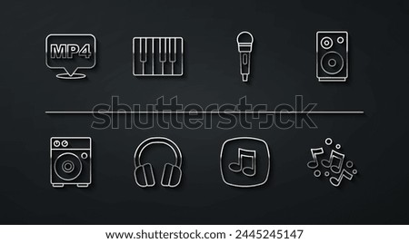 Set line MP4 file document, Guitar amplifier, Stereo speaker, Music note, tone, Headphones, synthesizer,  and Microphone icon. Vector
