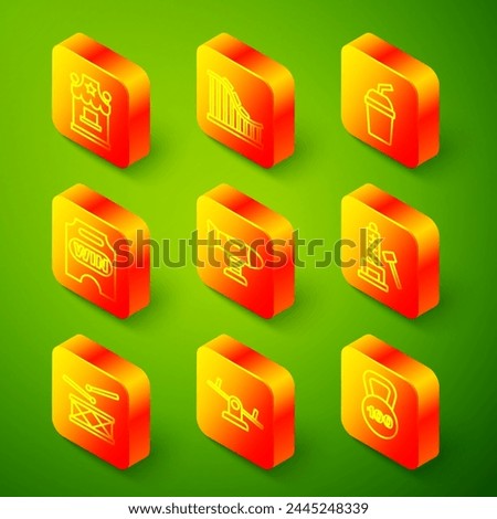 Set line Ticket box office, Roller coaster, Paper glass with water, Circus ticket, Swing plane, Striker attraction hammer, Drum drum sticks and Seesaw icon. Vector Royalty-Free Stock Photo #2445248339