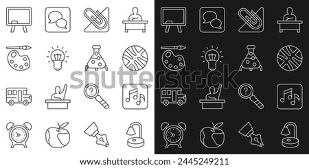 Set line Table lamp, Music note, tone, Basketball ball, Paper clip, Light bulb, Paint brush with palette, Chalkboard and Test tube and flask icon. Vector