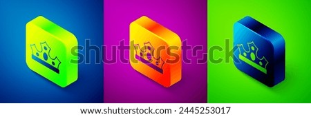 Isometric King crown icon isolated on blue, purple and green background. Square button. Vector