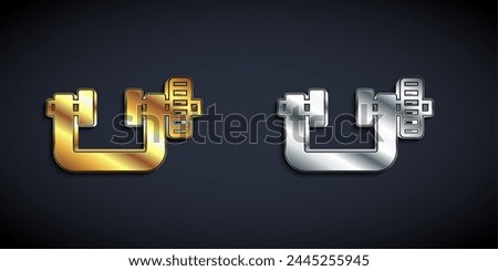 Gold and silver Clamp and screw tool icon isolated on black background. Locksmith tool. Long shadow style. Vector