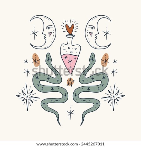 Mystical boho line hand drawn snakes. Minimalist esoteric stellar serpent, moon and love potion jar. Good for tattoo print, astrology leaflet or app, witchcraft esoteric banner sketch Royalty-Free Stock Photo #2445267011