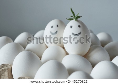 Eggs with funny faces. Happy easter concept. White eggs.