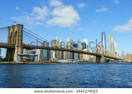 Brooklyn Bridge and Lower Manhattan skyscrapers including One World Trade Center, New York City, New York, United States of America, North America