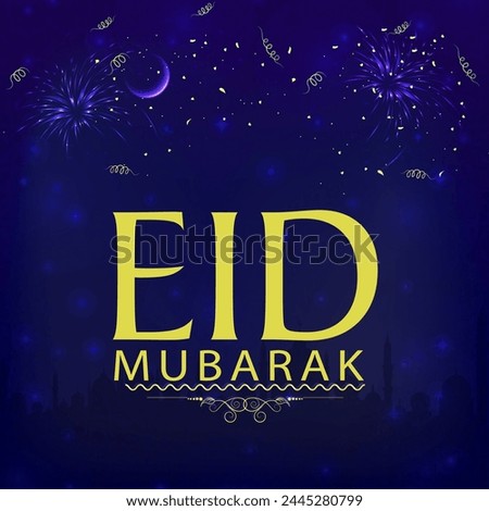 Eid Mubarak Greeting Card design, Beautiful Islamic Background with Mosque silhouette, fireworks and glowing moon, Creative vector illustration for Muslim Community Festival celebration. Royalty-Free Stock Photo #2445280799
