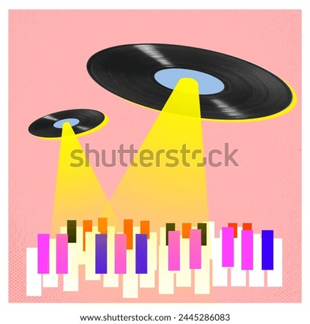 Two vinyl records floating over a piano keyboard on pink background. Contemporary art collage. Retro music event ad. Concept of music, performance, inspiration, creativity, festival, event. Poster