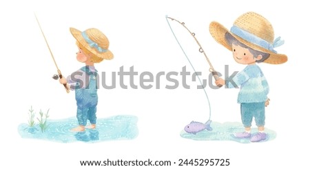 cute kid fishing watercolor vector illustration 