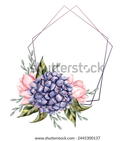Hand-drawn watercolor frame with hydrangea. Flower composition for decoration and design 
