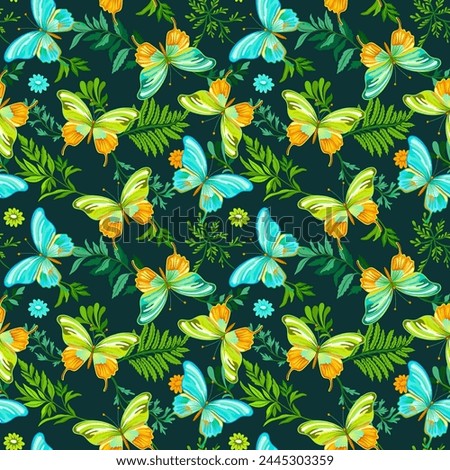 Seamless pattern of elegant beautiful tropical butterflies and plants isolated on background. Cute flying butterfly insects and leaves for decorative design elements.Vector illustration