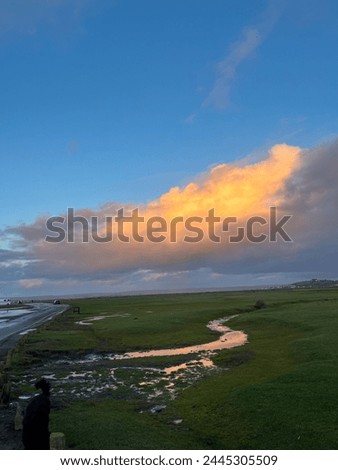 A large cloud with dramatic reflection of the orange sunset under the blue sky. Lower half of the picture is lawn flooded with water. 