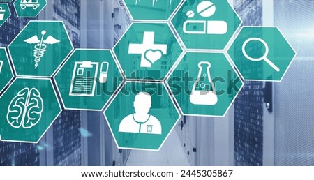 Image of multiple medical icons against computer server room. Medical research and business data storage technology concept