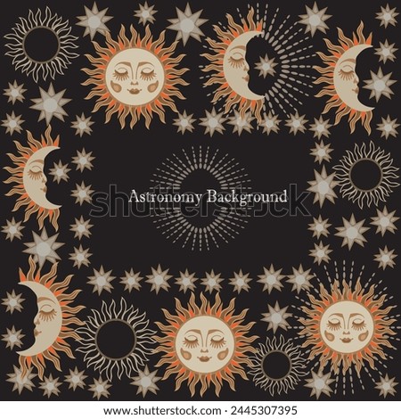 Astronomy vector background on black background.vintage background with sun,moon and stars.Hand drawing.Design for web banner with place for text,background,wallpaper,template for poster and prints.